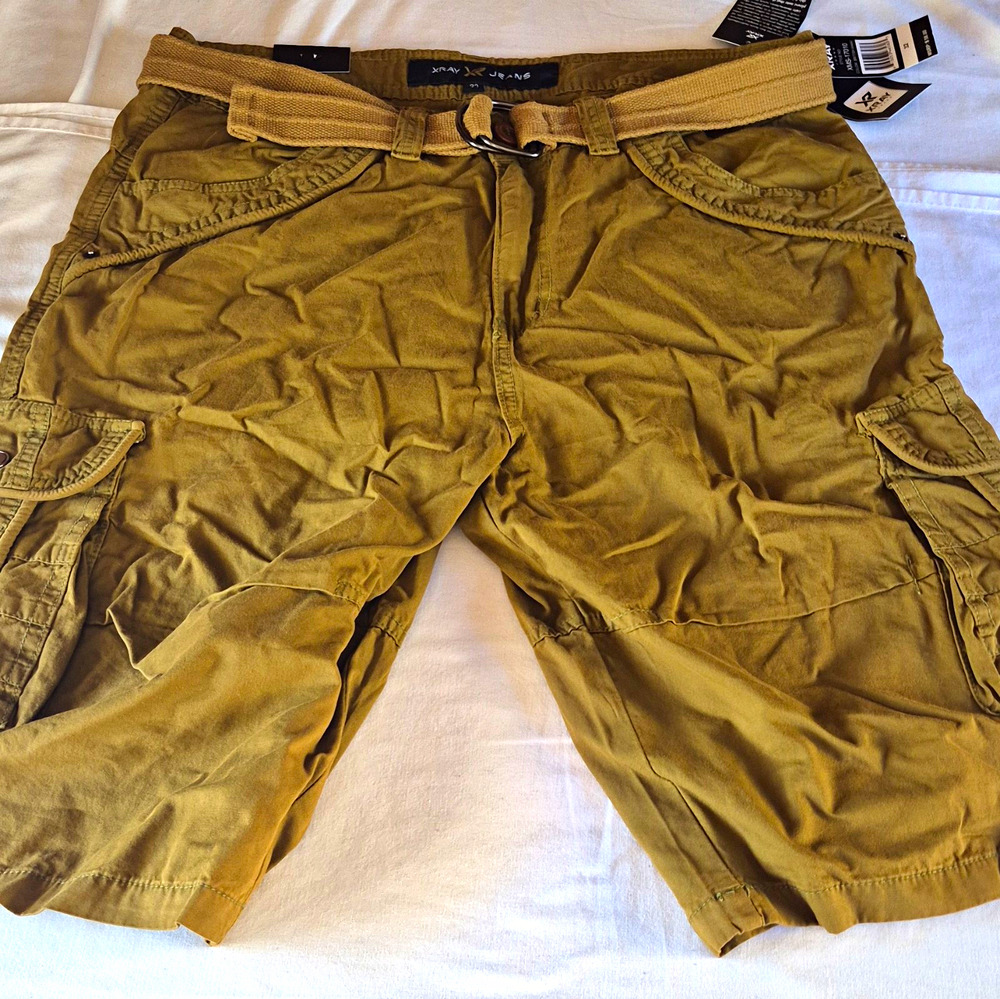 XRAY Jeans Mens 32 Brown Cotton Canvas Cargo Shorts Belted Pockets 12"